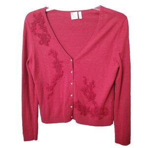 J Jill Red Cotton/Alpaca Blend Embroidered Button-up Cardigan Size Medium